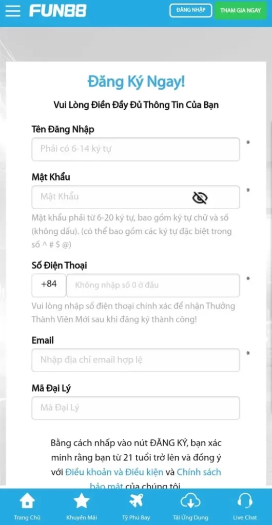 Hoàn thiện thông tin đăng ký FUN88