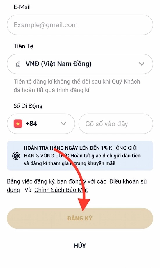 hoàn tất bấm đăng ký