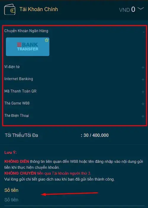 Bước 2 hướng dẫn nạp tiền W88